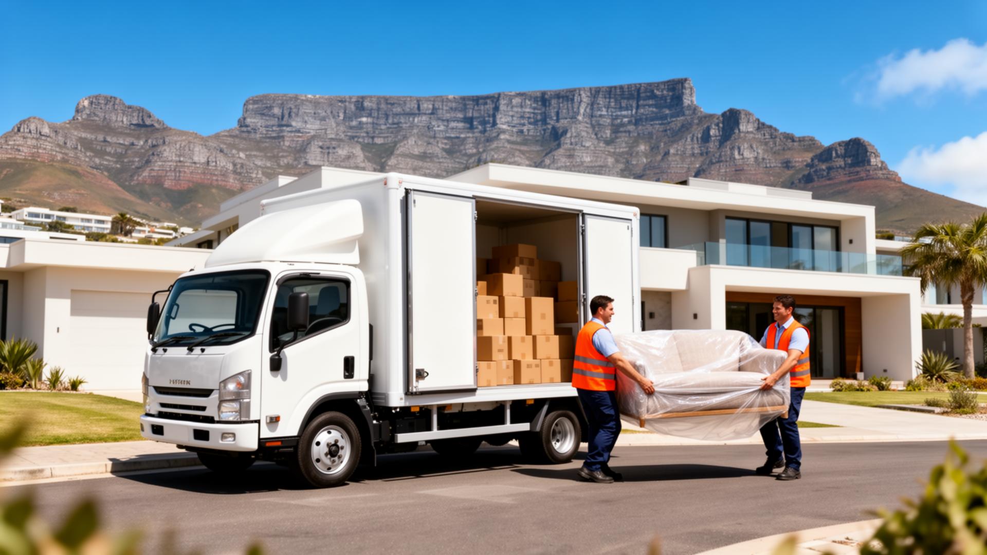 Professional CapeFurnitureMovers team loading a moving truck in Cape Town with Table Mountain in the background